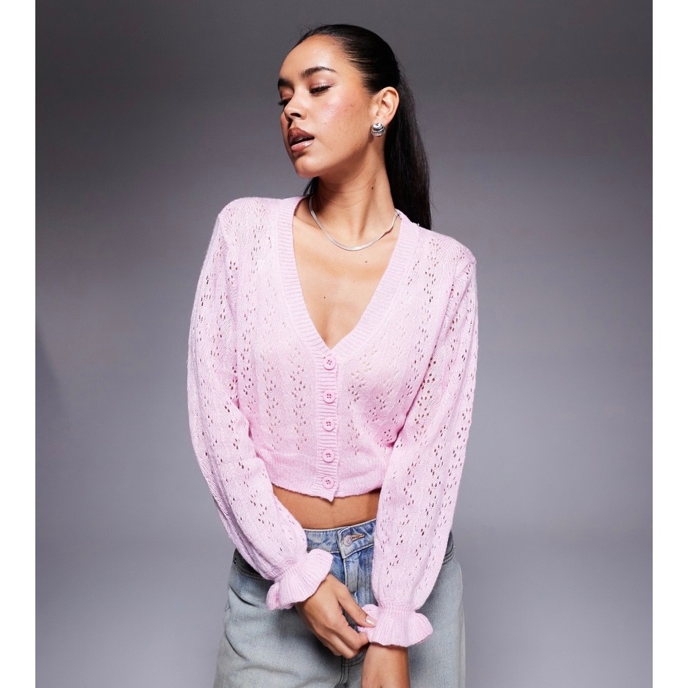 Princess Polly Lyric Pink Pointelle Cropped Cardigan Ruffle Cuff Romantic XS/S